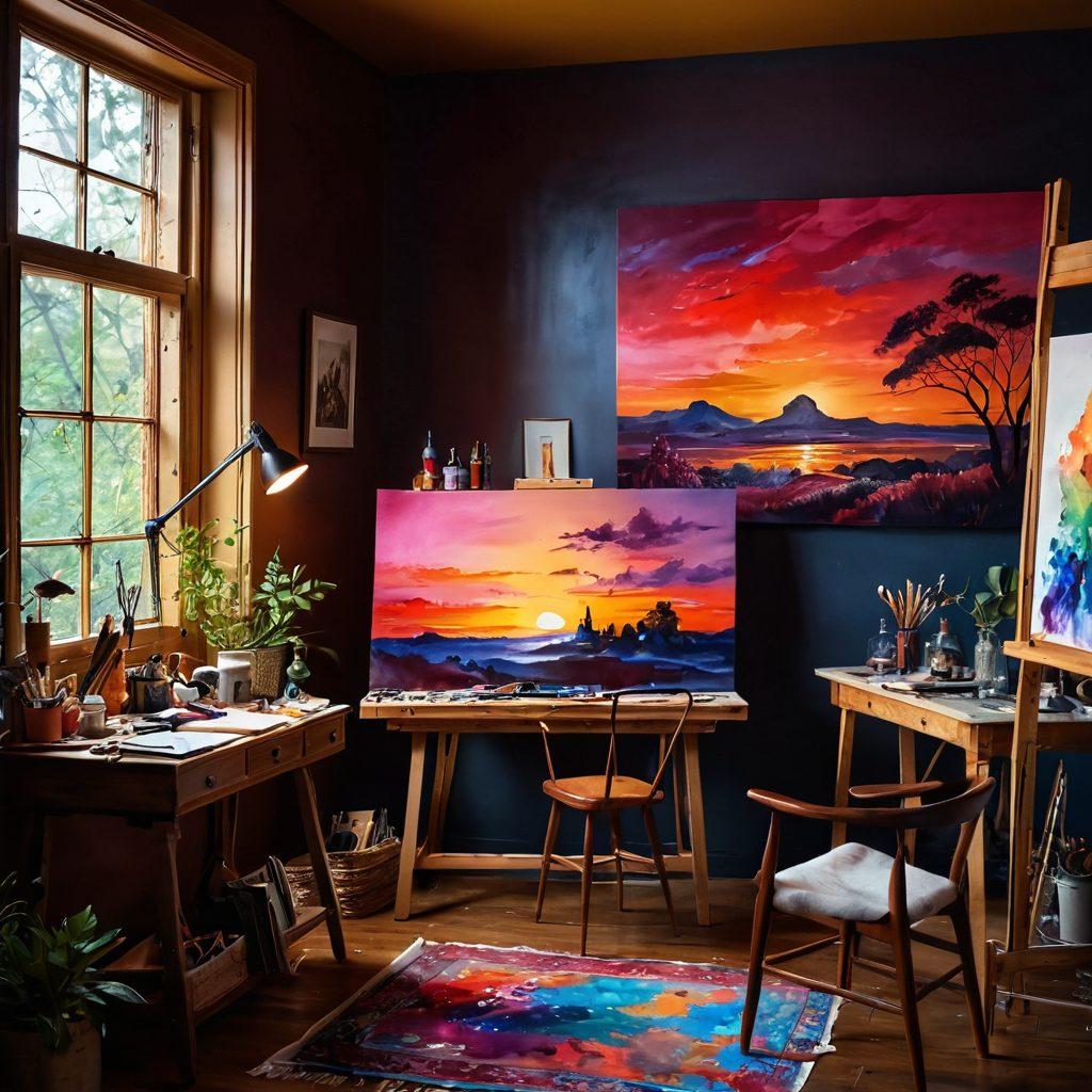 A sophisticated artist's studio filled with tasteful adult imagery in various artistic forms, featuring a skilled artist delicately painting on a canvas surrounded by vibrant, sensual colors. Capture the contrast between the elegance of art and the intimate nature of the subject matter, with soft, ambient lighting enhancing the atmosphere. Incorporate elements like brushes, paint palettes, and tasteful decor to evoke creativity and passion. super-realistic. vibrant colors. intimate atmosphere.