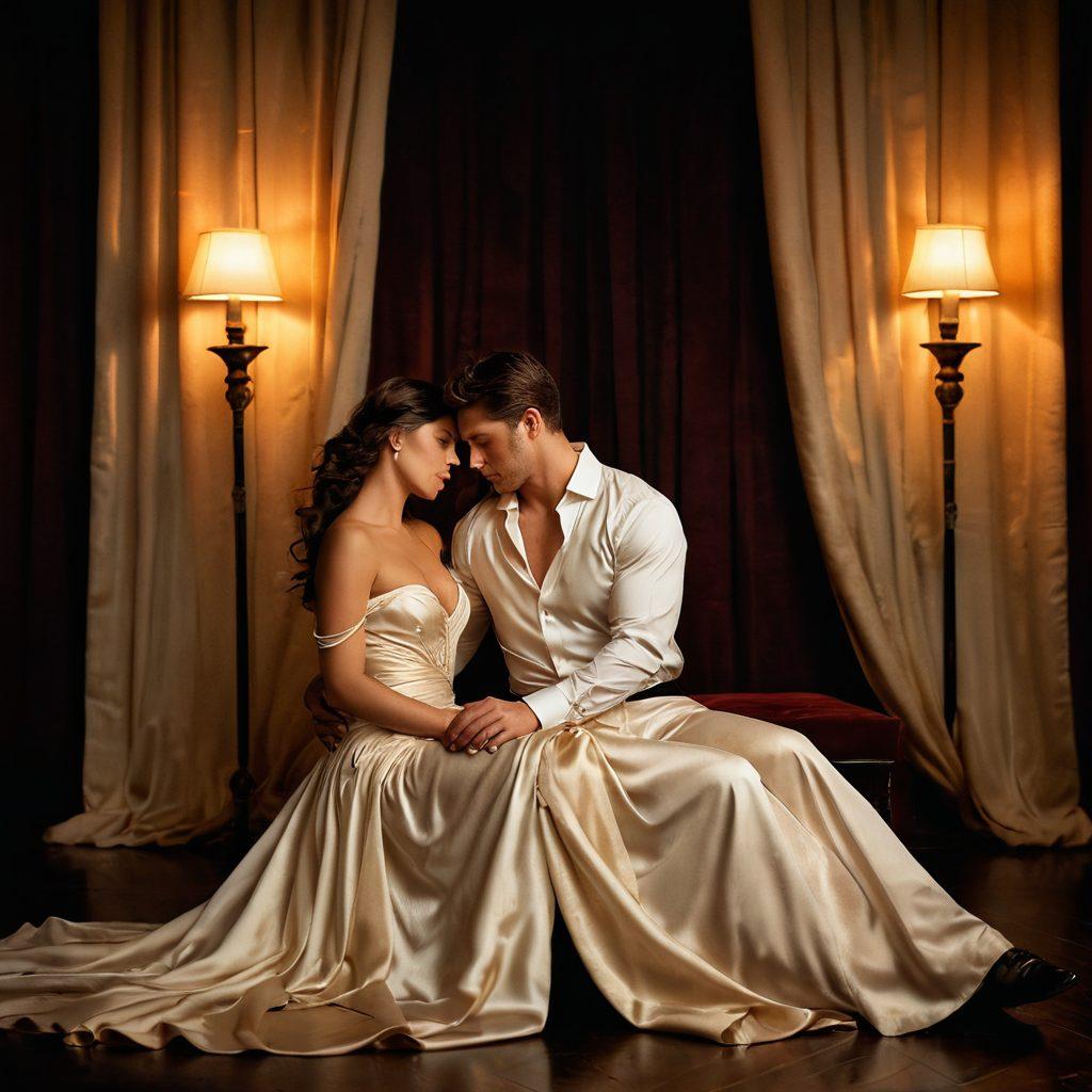 A sensual and intimate scene showcasing a couple in an elegant, dimly-lit room, surrounded by soft fabric drapes and flickering candlelight. The couple is engaged in a tender moment, emphasizing connection and passion, with subtle hints of eroticism through intricate details, like intertwined hands and a soft gaze. Include exquisite textures and an atmospheric backdrop that radiates warmth and allure. painterly style. warm tones. soft lighting.